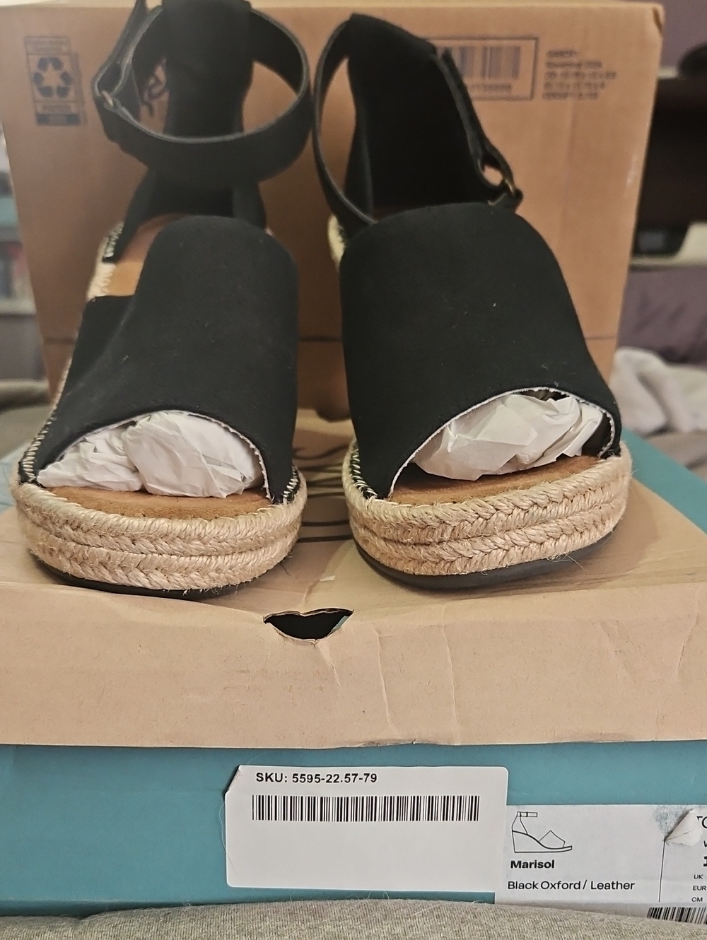 Toms Black Espadrille Wedge Sandals with Ankle Strap NWOT